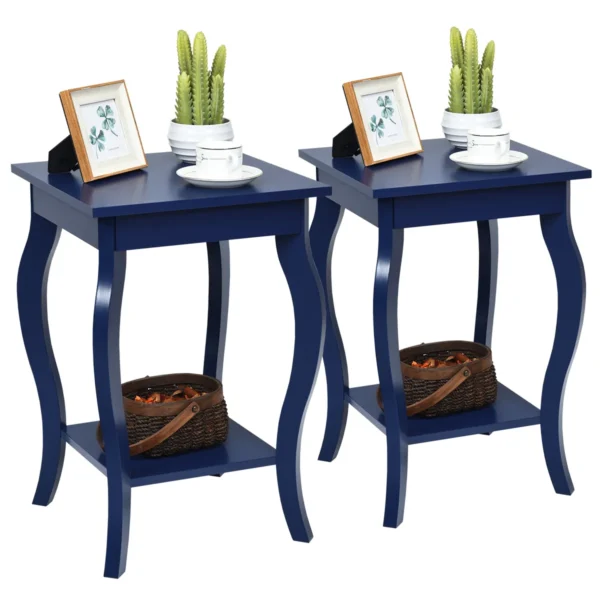 Set van 2 nachtkastjes accent tafels met elegante gebogen poten 2 niveaus bijzettafel van hout laptoptafel banktafel 40 x 40 x 60 cm blauw 1