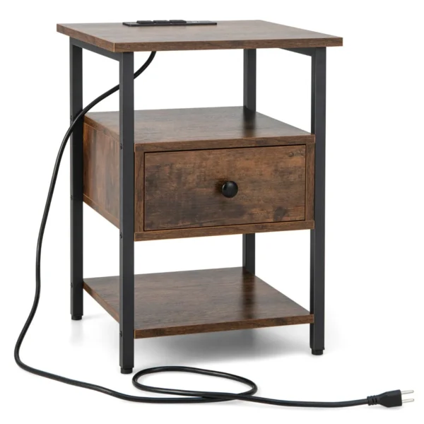 Set van 2 nachtkastjes met laadstation en lade bijzettafels met open planken metalen frame industriële stijl 40 x 40 x 55 cm 2