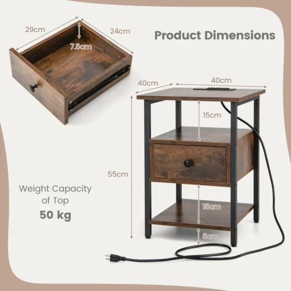 Set van 2 nachtkastjes met laadstation en lade bijzettafels met open planken metalen frame industriële stijl 40 x 40 x 55 cm 3