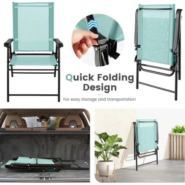 Set van 2 opvouwbare terrasstoelen draagbare stoelen met rugleuning en metalen frame eetstoelen voor buiten mintgroen 4