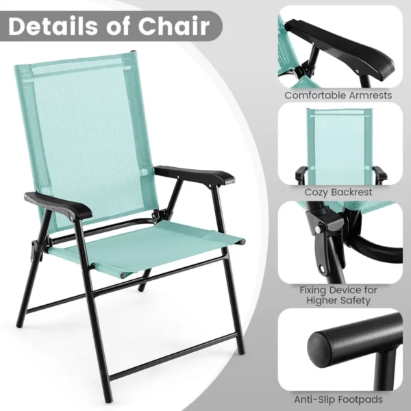 Set van 2 opvouwbare terrasstoelen draagbare stoelen met rugleuning en metalen frame eetstoelen voor buiten mintgroen 6