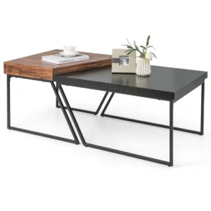 Set van 2 salontafels moderne zwart en bruin stapelbare bijzettafel met gepoedercoate metalen poten trapeziumvormige nesttafel 1