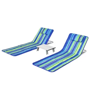 Set van 2 strandmatten met bijzettafel hoofdkussen en opbergvak ligmat met verstelbare rugleuning opvouwbare zonmat blauw + groen 1