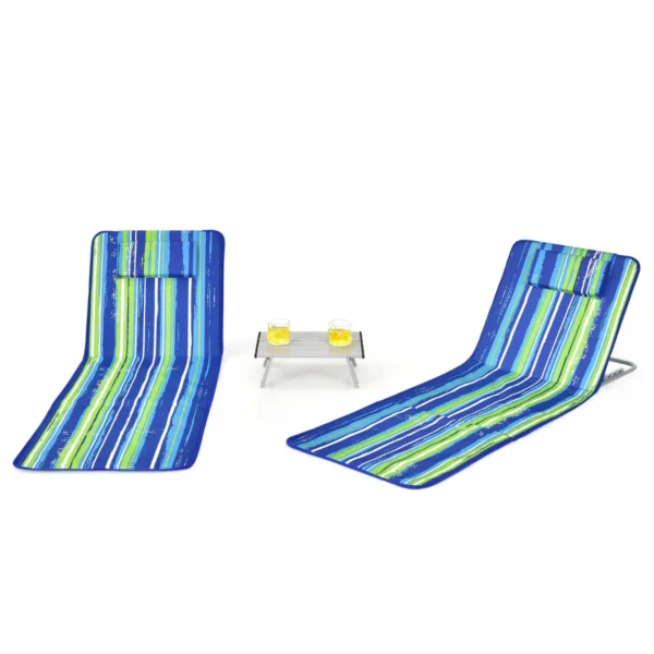 Set van 2 strandmatten met bijzettafel hoofdkussen en opbergvak ligmat met verstelbare rugleuning opvouwbare zonmat blauw + groen 2