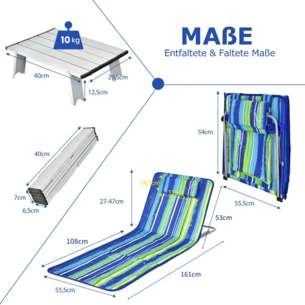 Set van 2 strandmatten met bijzettafel hoofdkussen en opbergvak ligmat met verstelbare rugleuning opvouwbare zonmat blauw + groen 3