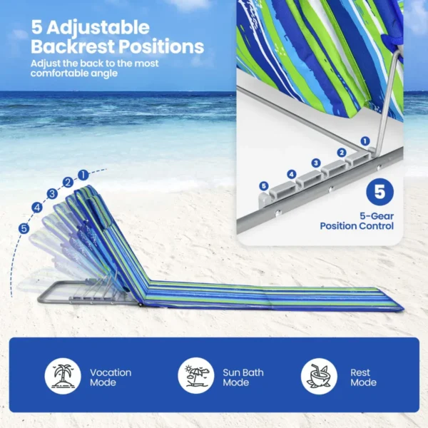 Set van 2 strandmatten met bijzettafel hoofdkussen en opbergvak ligmat met verstelbare rugleuning opvouwbare zonmat blauw + groen 4