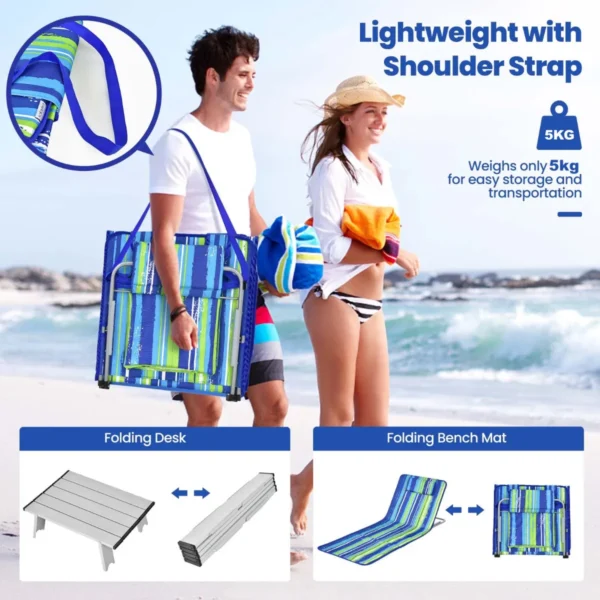 Set van 2 strandmatten met bijzettafel hoofdkussen en opbergvak ligmat met verstelbare rugleuning opvouwbare zonmat blauw + groen 5