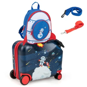 Set van 2 stuks bagage voor kinderen koffer van 47 cm en rugzak van 30 cm met wieltjes en waterdichte harde schaal zwart + blauw 1