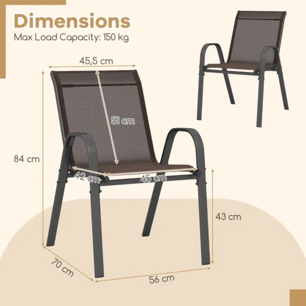 Set van 2 terrasstoelen stapelbare metalen eetkamerstoel met armleuningen tuinstoel van ademende bruin 2