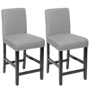 Set van 2 tooghoogte stoelen gestoffeerde barstoelen rubberhouten poten ademende linnen stof spons met hoge veerkracht 1