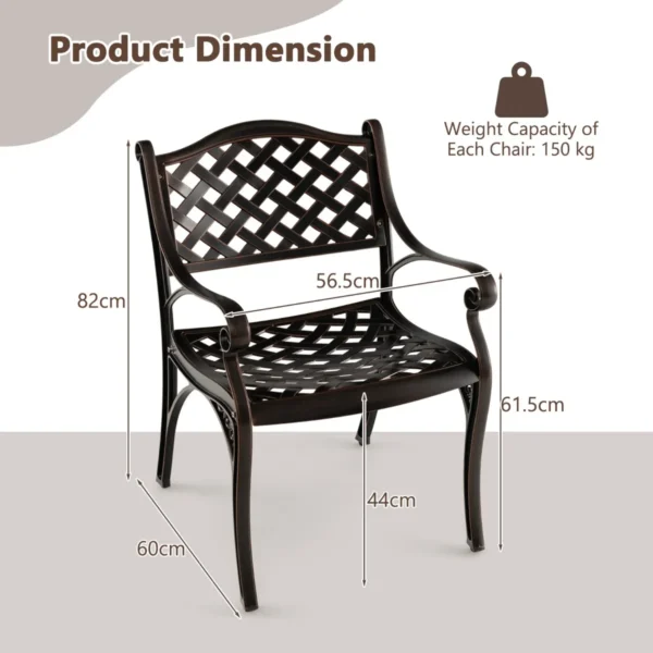 Set van 2 tuinstoelen van gegoten aluminium weerbestendige terrasstoelen met armleuningen balkonstoelen voor tuin balkon achtertuin 2
