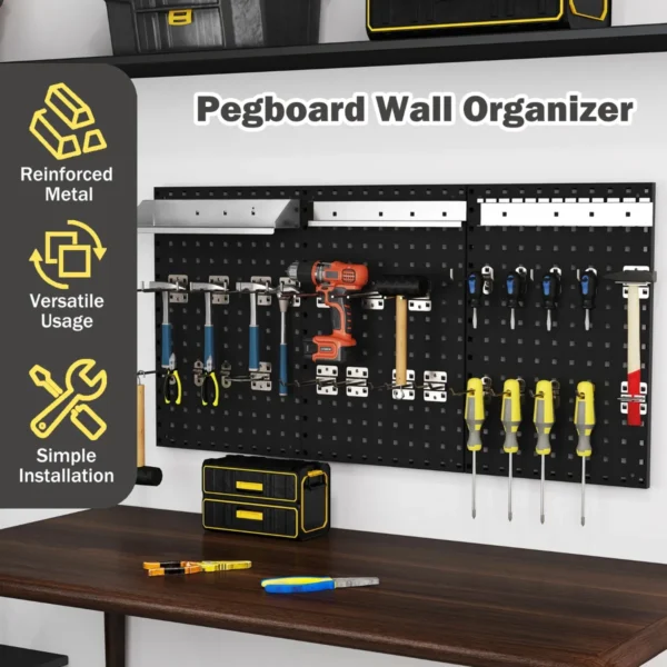 Set van 3 geperforeerde wandpanelen gereedschapsset met 28 ophangaccessoires handig gereedschapspaneel zwart 4