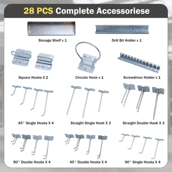 Set van 3 geperforeerde wandpanelen gereedschapsset met 28 ophangaccessoires handig gereedschapspaneel zwart 7