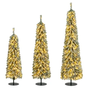Set van 3 kunstkerstbomen 120+150+180 cm potloodvormige kerstbomen nepsneeuw 216+302+505 takken 100+120+180 led lampjes 1