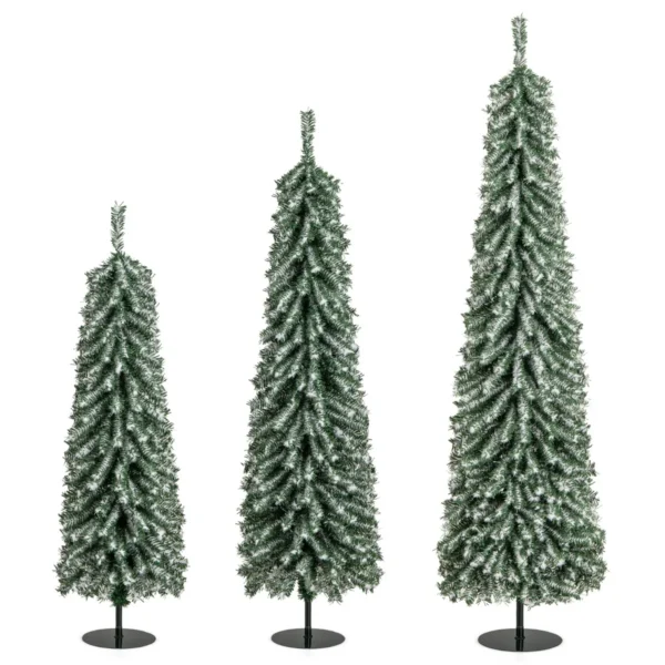 Set van 3 kunstkerstbomen 120+150+180 cm potloodvormige kerstbomen nepsneeuw 216+302+505 takken 100+120+180 led lampjes 2