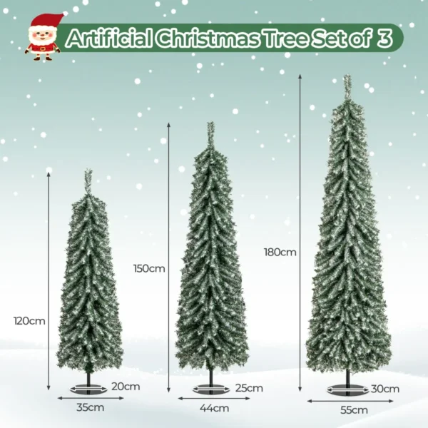 Set van 3 kunstkerstbomen 120+150+180 cm potloodvormige kerstbomen nepsneeuw 216+302+505 takken 100+120+180 led lampjes 3