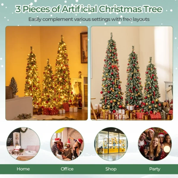 Set van 3 kunstkerstbomen 120+150+180 cm potloodvormige kerstbomen nepsneeuw 216+302+505 takken 100+120+180 led lampjes 5