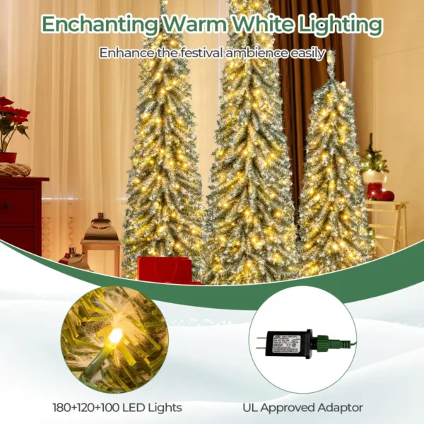 Set van 3 kunstkerstbomen 120+150+180 cm potloodvormige kerstbomen nepsneeuw 216+302+505 takken 100+120+180 led lampjes 6