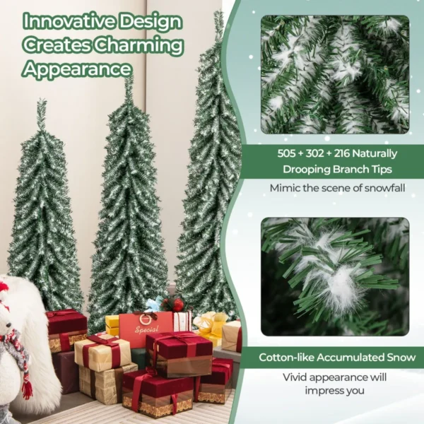 Set van 3 kunstkerstbomen 120+150+180 cm potloodvormige kerstbomen nepsneeuw 216+302+505 takken 100+120+180 led lampjes 7