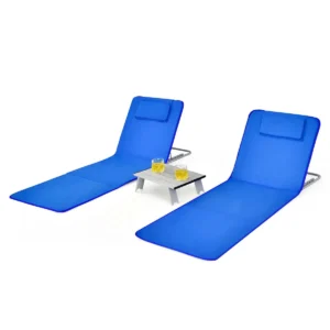 Set van 3 opvouwbare strandmatten met 2 lounge stoelen en bijzettafel 161 x 55,5 x 27 47 blauw 1