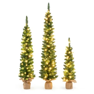 Set van 3 voorverlichte kunstkerstbomen 90+120+150 cm fijne kerstboom 415 groene takken 230 warmwitte led lampjes hessian basis 1
