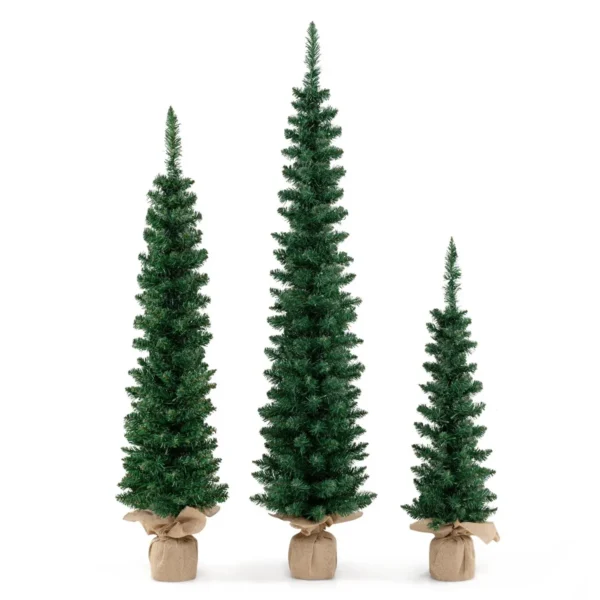 Set van 3 voorverlichte kunstkerstbomen 90+120+150 cm fijne kerstboom 415 groene takken 230 warmwitte led lampjes hessian basis 2
