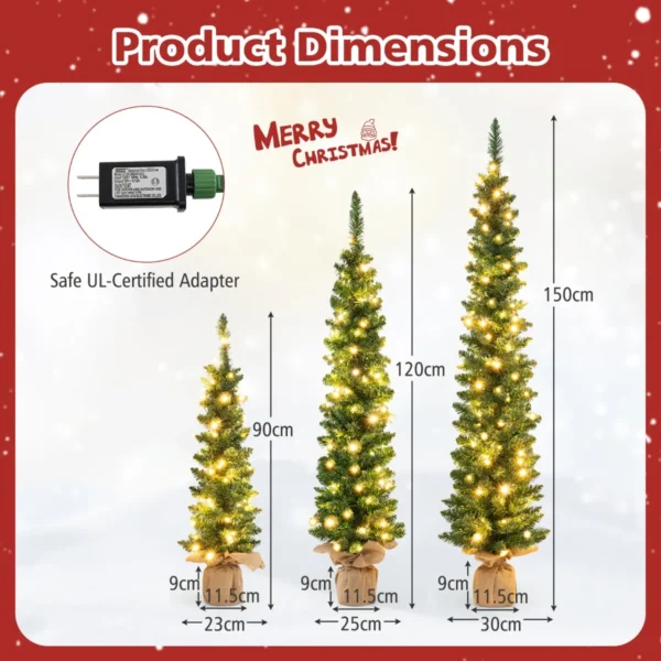 Set van 3 voorverlichte kunstkerstbomen 90+120+150 cm fijne kerstboom 415 groene takken 230 warmwitte led lampjes hessian basis 3