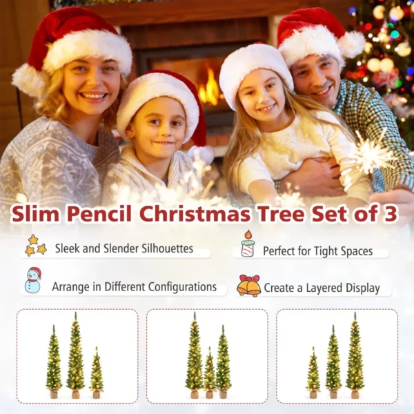 Set van 3 voorverlichte kunstkerstbomen 90+120+150 cm fijne kerstboom 415 groene takken 230 warmwitte led lampjes hessian basis 5