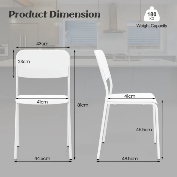 Set van 4 eetkamerstoelen stapelstoelen schuine rugleuning metalen poten zonder armleuningen voor binnen/buiten wit 3