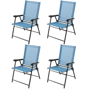 Set van 4 opvouwbare terrasstoelen draagbare stoelen met rugleuning en armleuningen en metalen frame eetstoelen voor buiten blauw 1