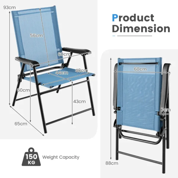Set van 4 opvouwbare terrasstoelen draagbare stoelen met rugleuning en armleuningen en metalen frame eetstoelen voor buiten blauw 3