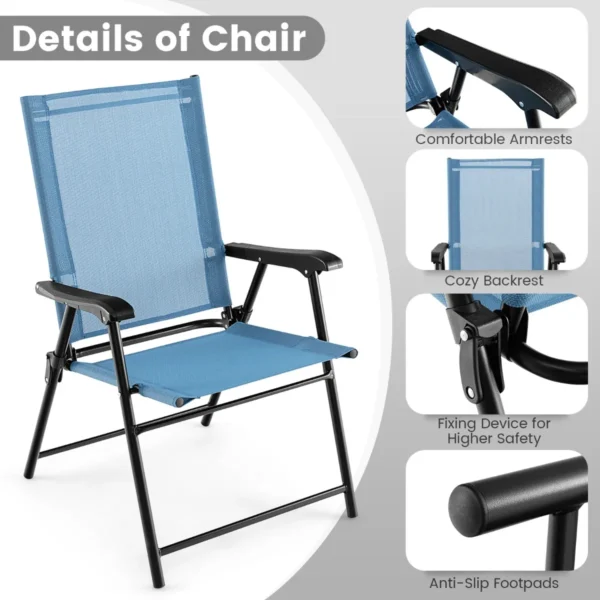 Set van 4 opvouwbare terrasstoelen draagbare stoelen met rugleuning en armleuningen en metalen frame eetstoelen voor buiten blauw 6