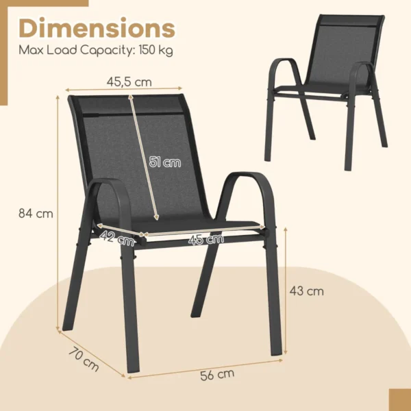 Set van 4 terrasstoelen campingstoelen met ademende stof en metalen frame voor gebruik buitenshuis ergonomische fauteuils zwart 2