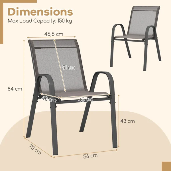 Set van 4 tuinstoelen voor buiten met metalen frame stapelbare eetkamerstoel van ademende stof fauteuil grijs 2