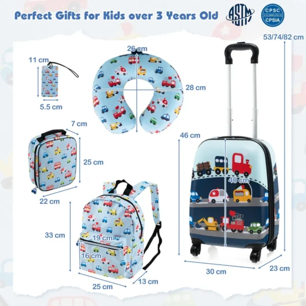 Set van 5 koffers voor kinderen set verrijdbare koffers voor kinderen met rugzak nekkussen etiquette lunchtas stevige bagage blauw 2