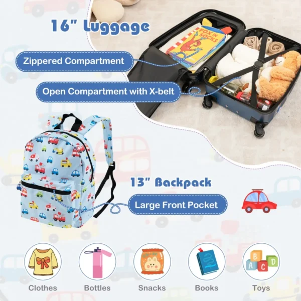 Set van 5 koffers voor kinderen set verrijdbare koffers voor kinderen met rugzak nekkussen etiquette lunchtas stevige bagage blauw 3