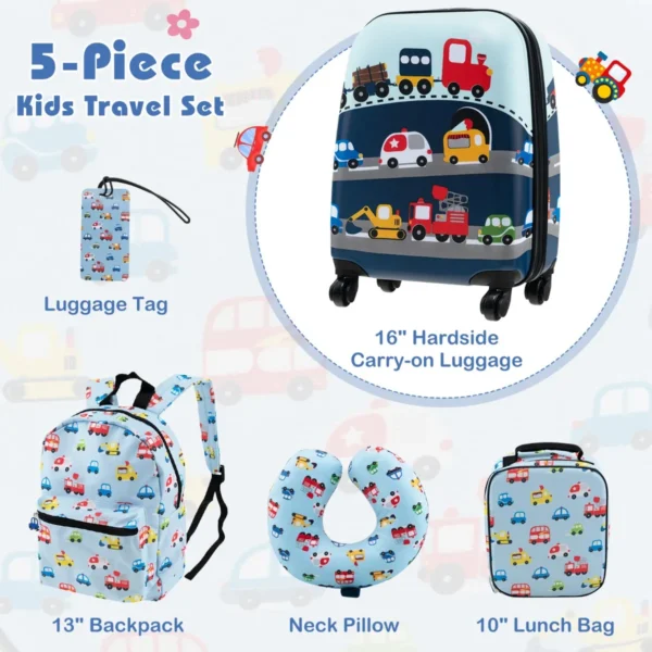 Set van 5 koffers voor kinderen set verrijdbare koffers voor kinderen met rugzak nekkussen etiquette lunchtas stevige bagage blauw 5