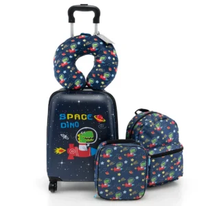 Set van 5 koffers voor kinderen set verrijdbare koffers voor kinderen met rugzak nekkussen etiquette lunchtas stevige bagage donkerblauw 1