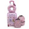 Set van 5 koffers voor kinderen set verrijdbare koffers voor kinderen met rugzak nekkussen etiquette lunchtas stevige bagage roze 1