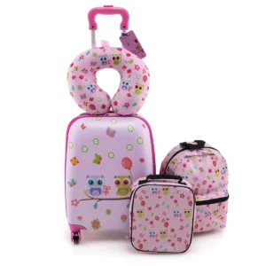 Set van 5 koffers voor kinderen set verrijdbare koffers voor kinderen met rugzak nekkussen etiquette lunchtas stevige bagage roze 1