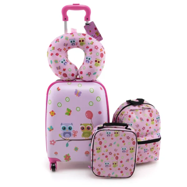 Set van 5 koffers voor kinderen set verrijdbare koffers voor kinderen met rugzak nekkussen etiquette lunchtas stevige bagage roze 1