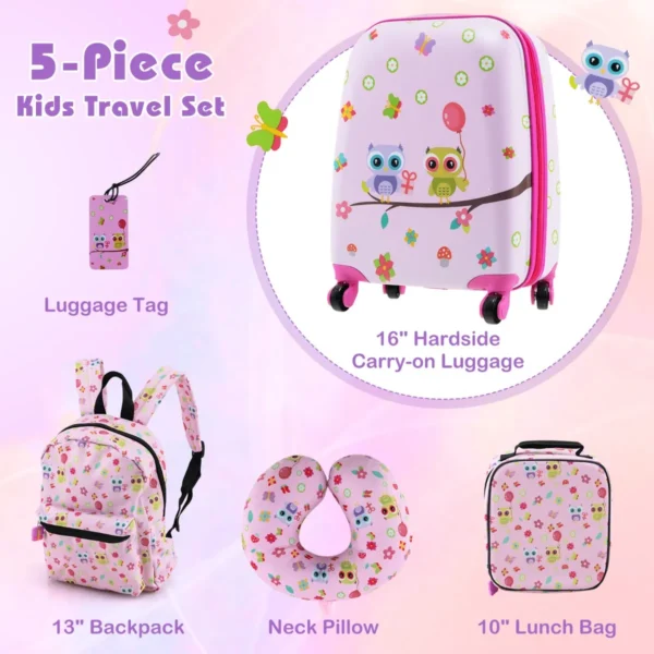 Set van 5 koffers voor kinderen set verrijdbare koffers voor kinderen met rugzak nekkussen etiquette lunchtas stevige bagage roze 5