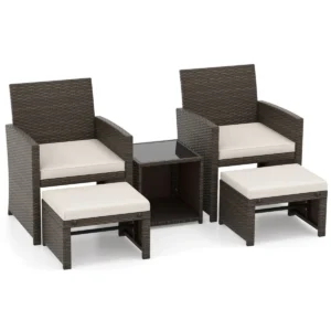 Set van 5 rotan meubels balkonset tuinmeubelen met stoel & voetenbank & gehard glas salontafel bruin + wit 1