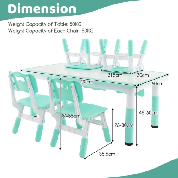 Set van kindertafel en 4 stoelen in hoogte verstelbaar bureau met graffiti blad multifunctionele tafel voor artistieke activiteiten groen 3