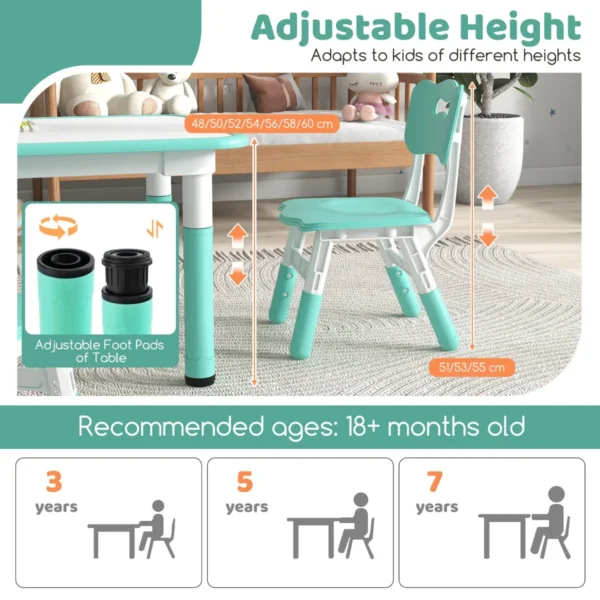 Set van kindertafel en 4 stoelen in hoogte verstelbaar bureau met graffiti blad multifunctionele tafel voor artistieke activiteiten groen 4