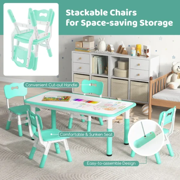 Set van kindertafel en 4 stoelen in hoogte verstelbaar bureau met graffiti blad multifunctionele tafel voor artistieke activiteiten groen 5