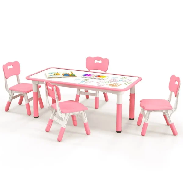 Set van kindertafel en 4 stoelen in hoogte verstelbaar bureau met graffiti blad multifunctionele tafel voor artistieke activiteiten roze 2