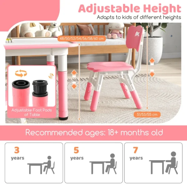 Set van kindertafel en 4 stoelen in hoogte verstelbaar bureau met graffiti blad multifunctionele tafel voor artistieke activiteiten roze 4