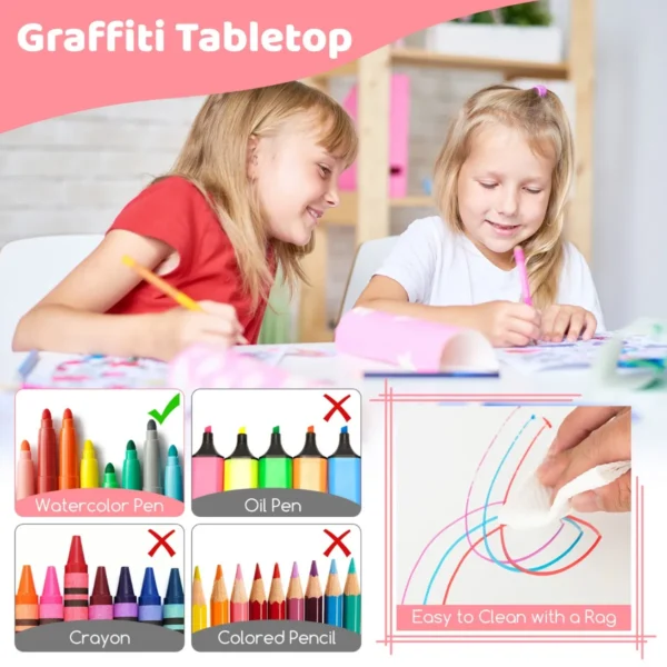 Set van kindertafel en 4 stoelen in hoogte verstelbaar bureau met graffiti blad multifunctionele tafel voor artistieke activiteiten roze 5