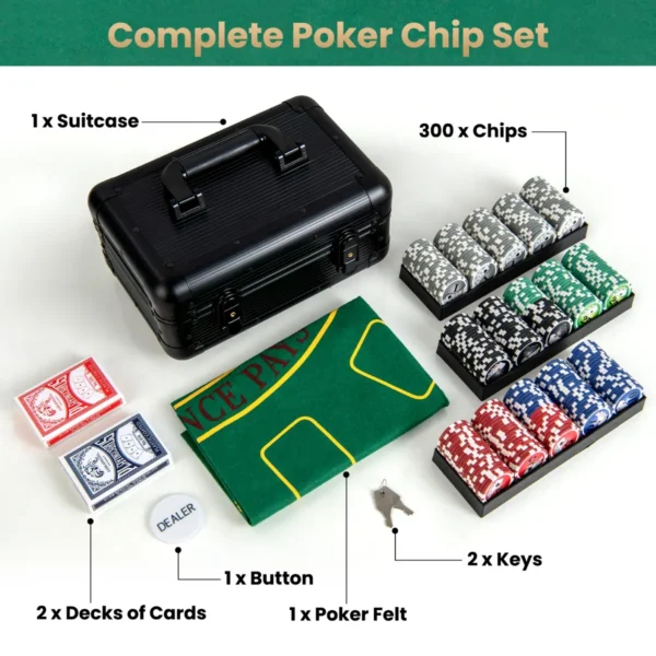 Set van texas hold'em poker chips 300 casino poker chips 2 decks kaarten dealer chip vilt mat aluminium koffer met 2 sleutels 4